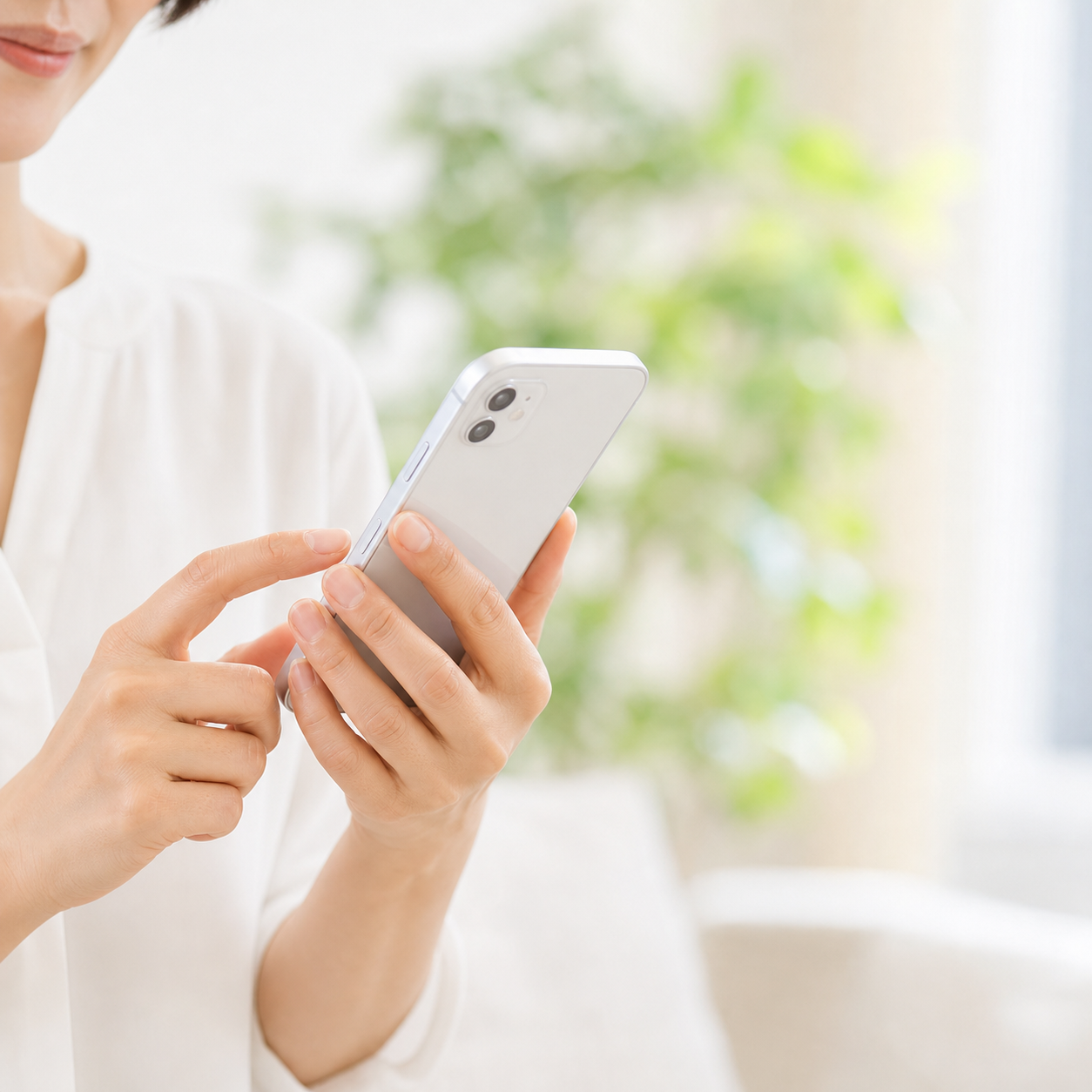 スマートフォンで無料相談する女性