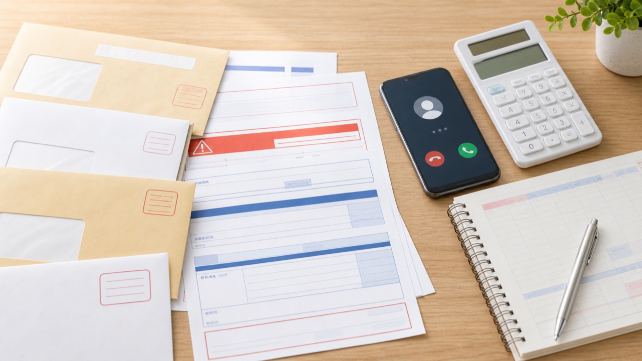 催促状や督促の連絡を含む借金の返済状況を整理する書類のイメージ